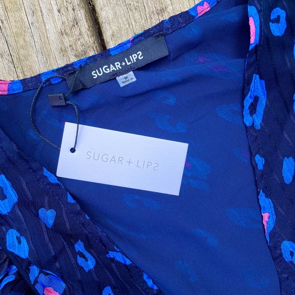 Blue Black & Pink Cheetah Print Wrap Top Puff Sleeves | Size M - Picture 5 of 6